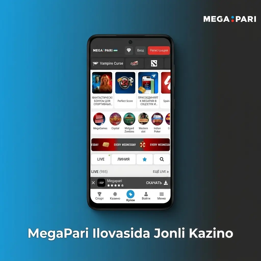 MegaPari ilovasida jonli kazino o'yinlari Android va iOS qurilmalarida Evolution Gaming va Pragmatic Play Live bilan