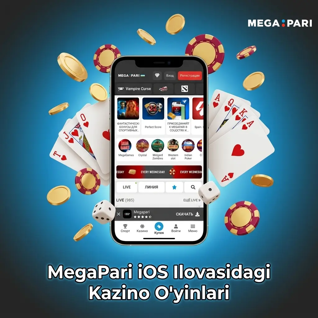 MegaPari iOS ilovasida 5000 dan ortiq kazino o'yinlari: slotlar, jonli ruletka, blackjack va jackpot o'yinlari