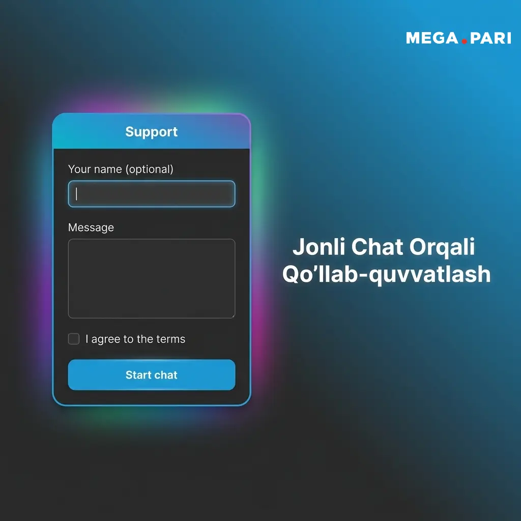 MegaPari jonli chat orqali 24/7 qo'llab-quvvatlash, 1-3 daqiqada javob, o'zbek tilida yordam