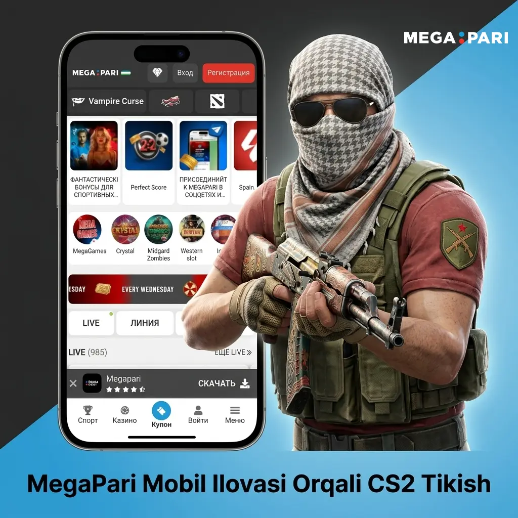 MegaPari mobil ilovasi orqali Android va iOS qurilmalarda CS2 tikish bo'limi ko'rsatilmoqda