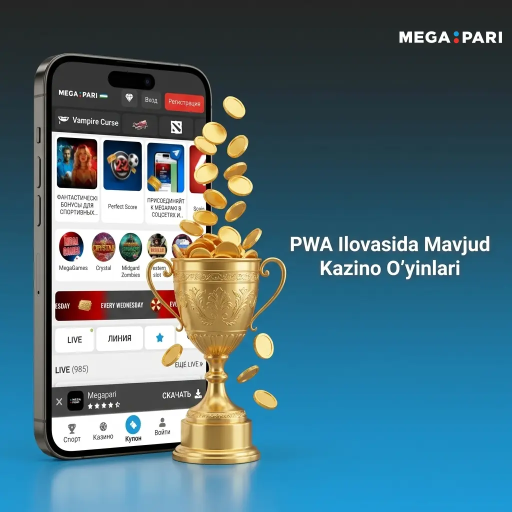 MegaPari kazino PWA ilovasida 7000+ o'yin: slotlar, jonli diler va crash o'yinlari