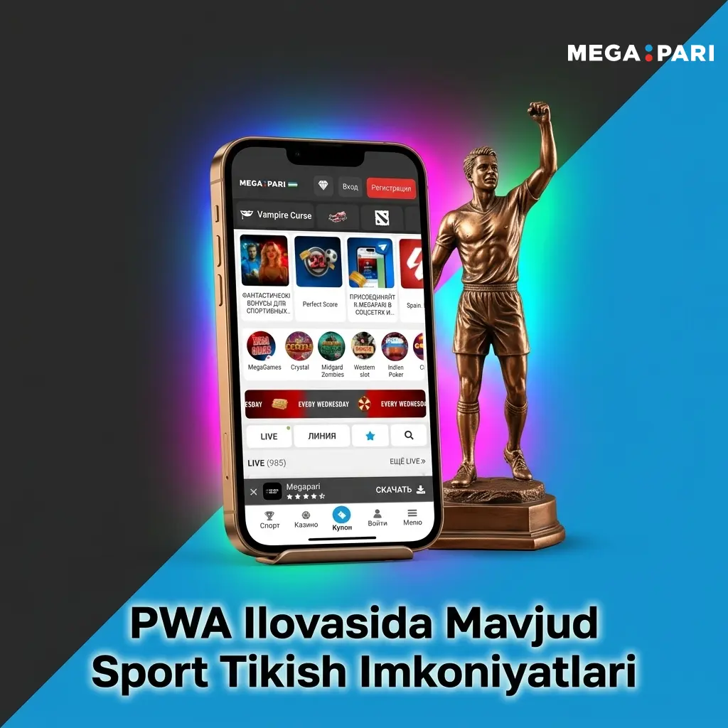 MegaPari PWA ilovasida futbol, kriket, basketbol, tennis va 30+ sport turi bo'yicha tikish imkoniyati