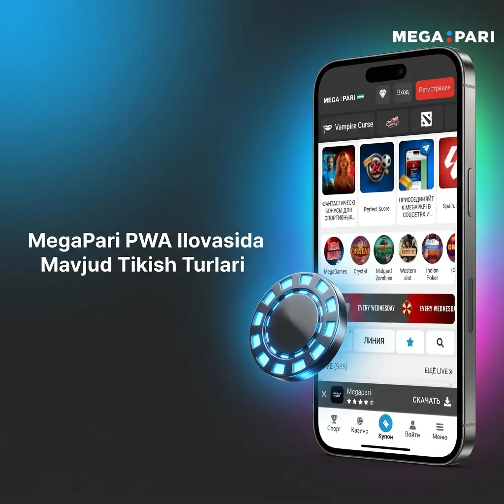 MegaPari PWA ilovasida yakka, ekspress, tizimli, jonli va uzoq muddatli tikish turlari mavjud
