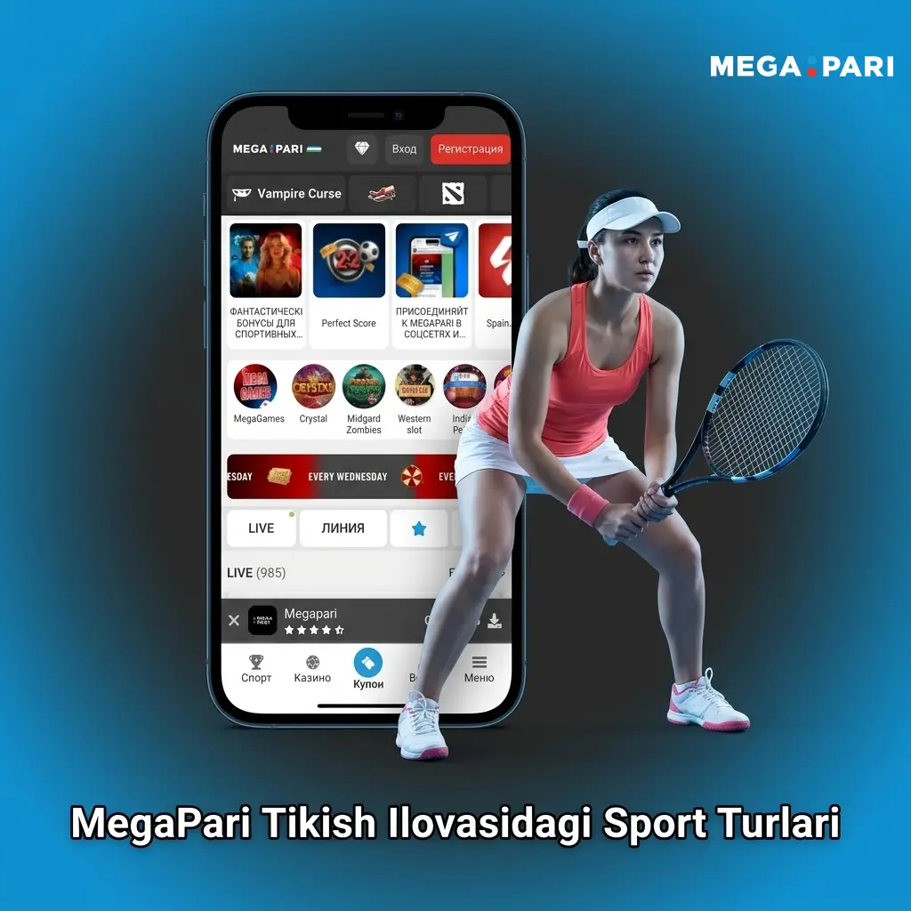 MegaPari ilovasida futbol, basketbol, tennis, eSport va 70+ sport turlarida LIVE va LINE rejimlarida tikish