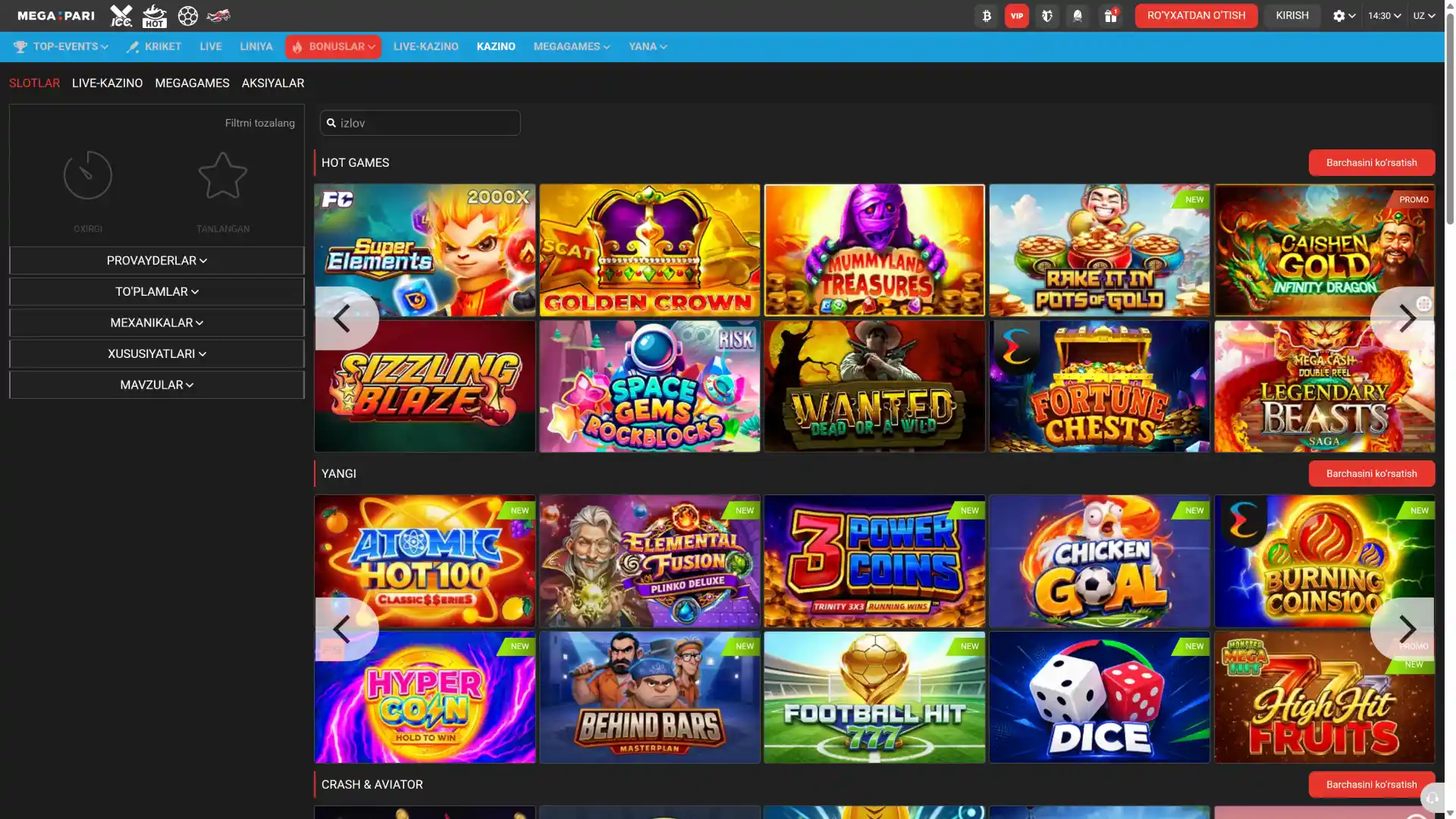 Slotlar to'plamini ko'rish uchun MegaPari interfeysi kazino bo'limini bosing.