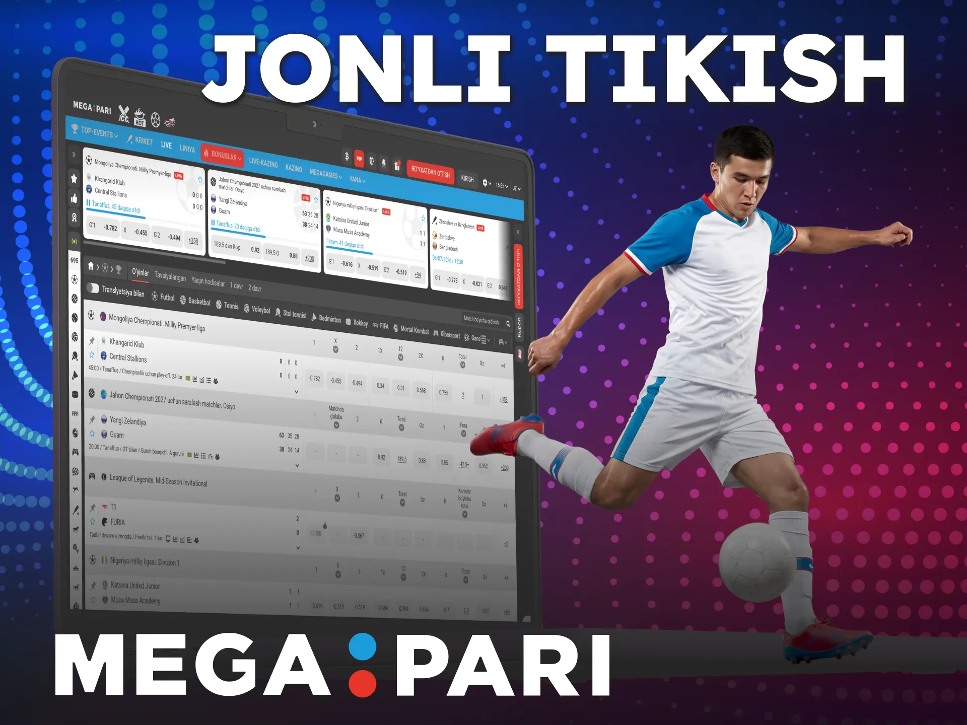 O'yin davomida yuqori koeffitsientlar bilan MegaPari platformasida jonli tiking.