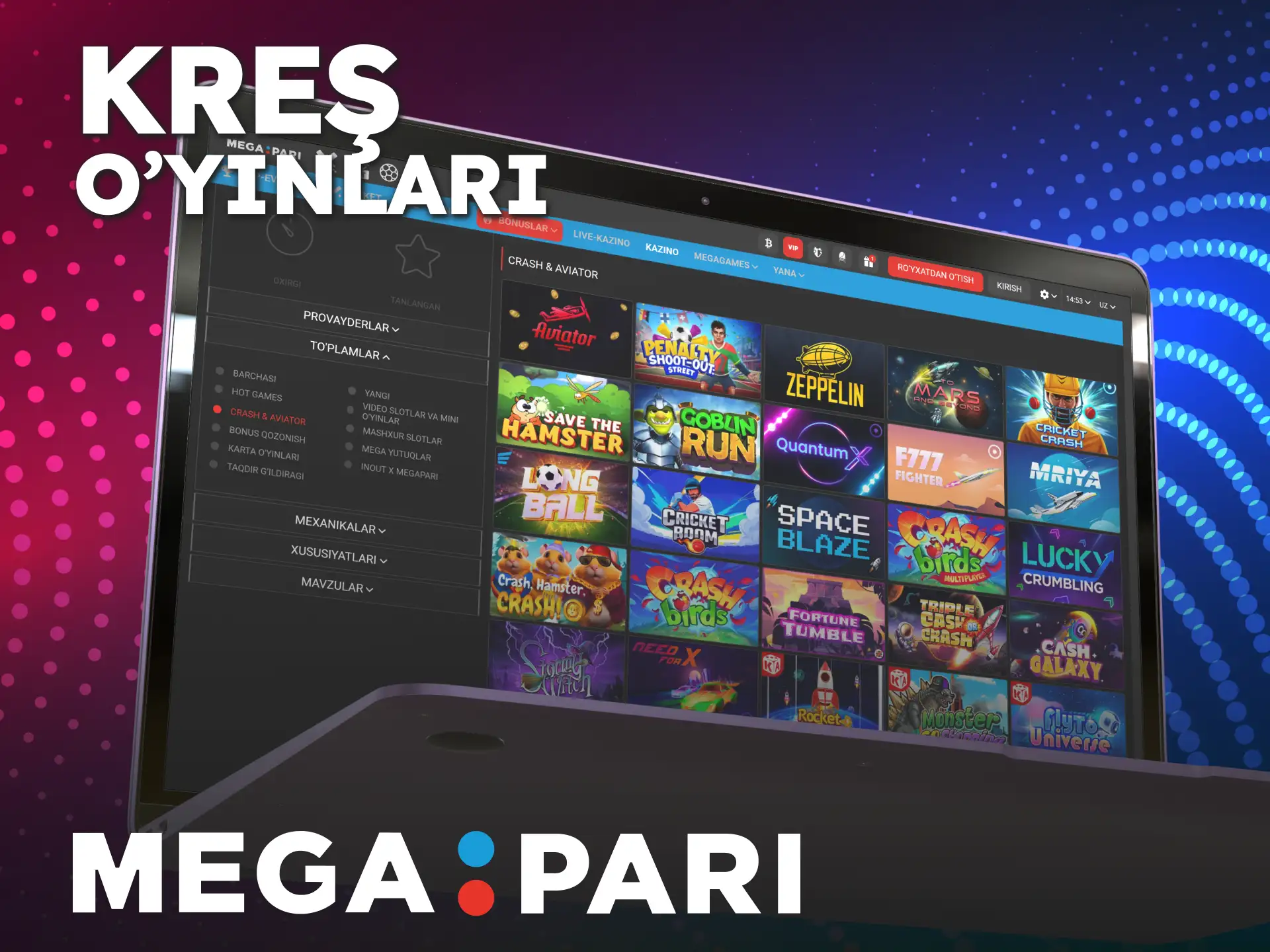 Tezkor koeffitsientlarni yechish uchun MegaPari online kazino crash o'yinlarini boshlang.