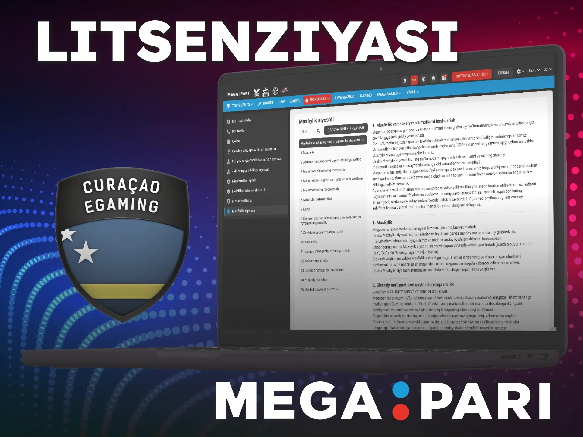 Xavfsiz tikish uchun MegaPari platformasining rasmiy litsenziyasini tekshiring.