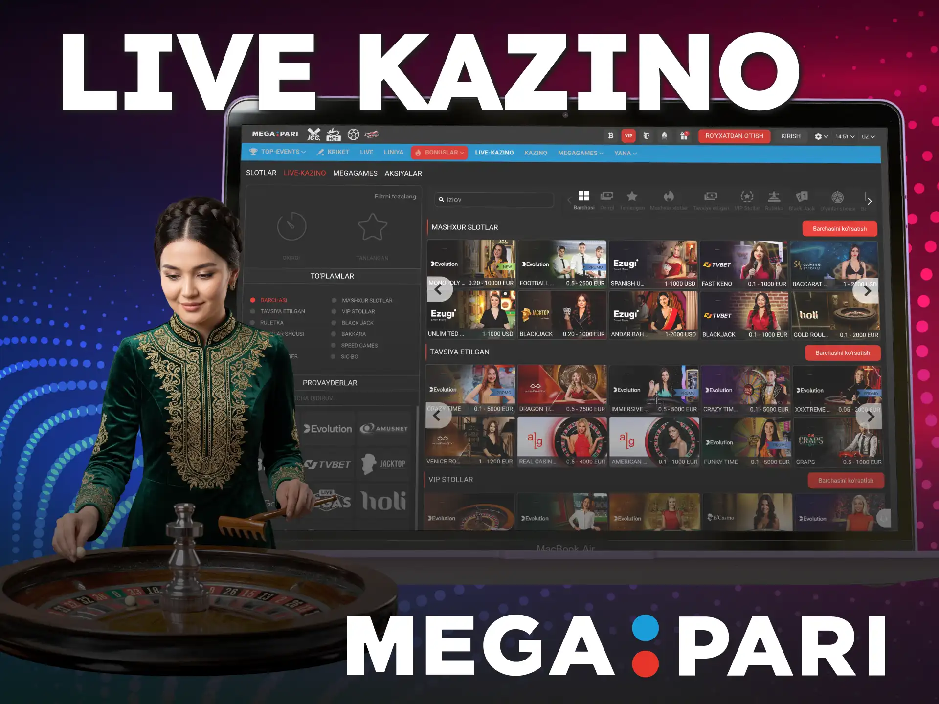 Jonli dilerlar bilan MegaPari live kazino stollarida o'ynang.