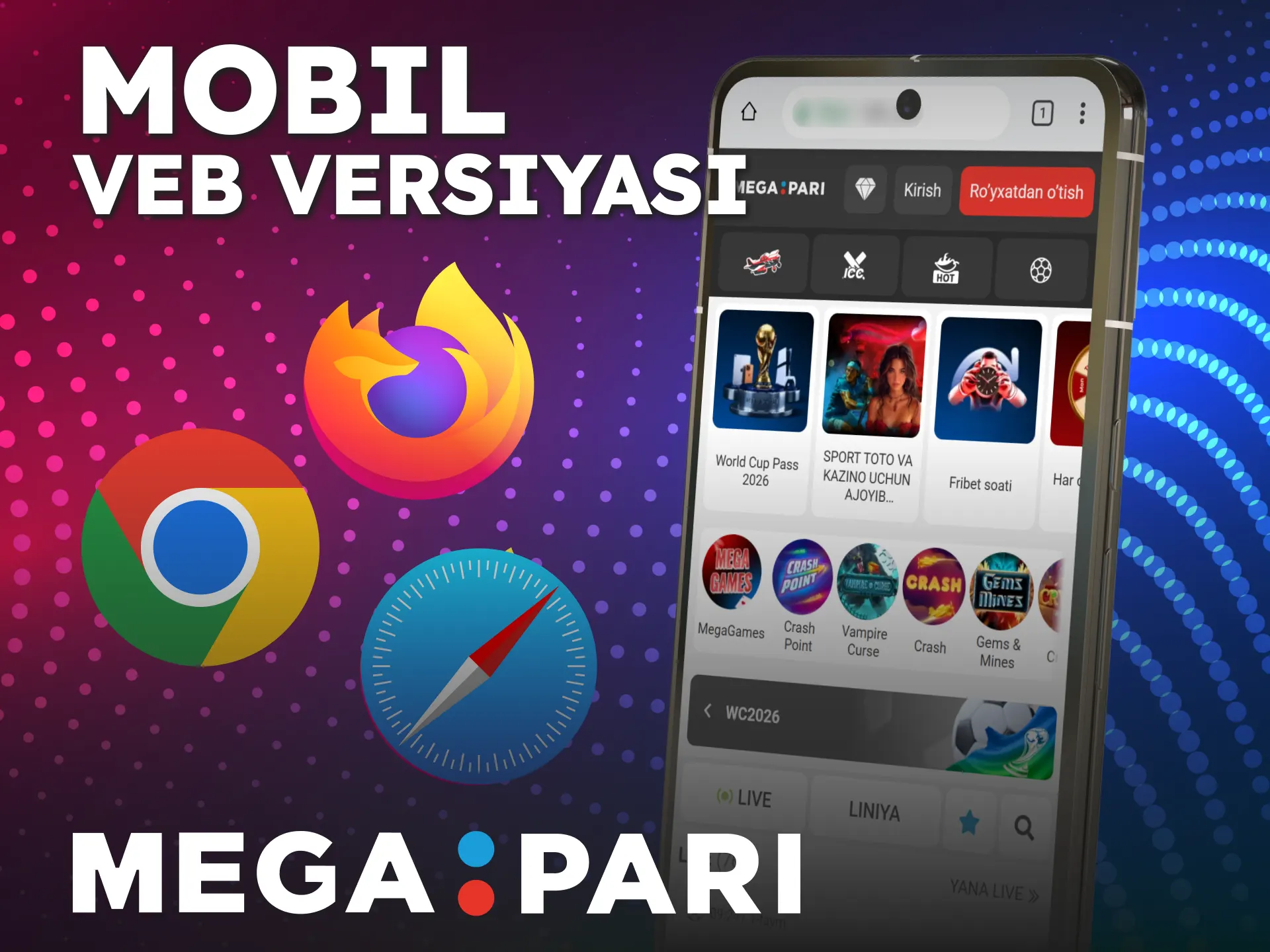 Brauzer orqali MegaPari mobil veb versiyasiga kiring va o'ynang.