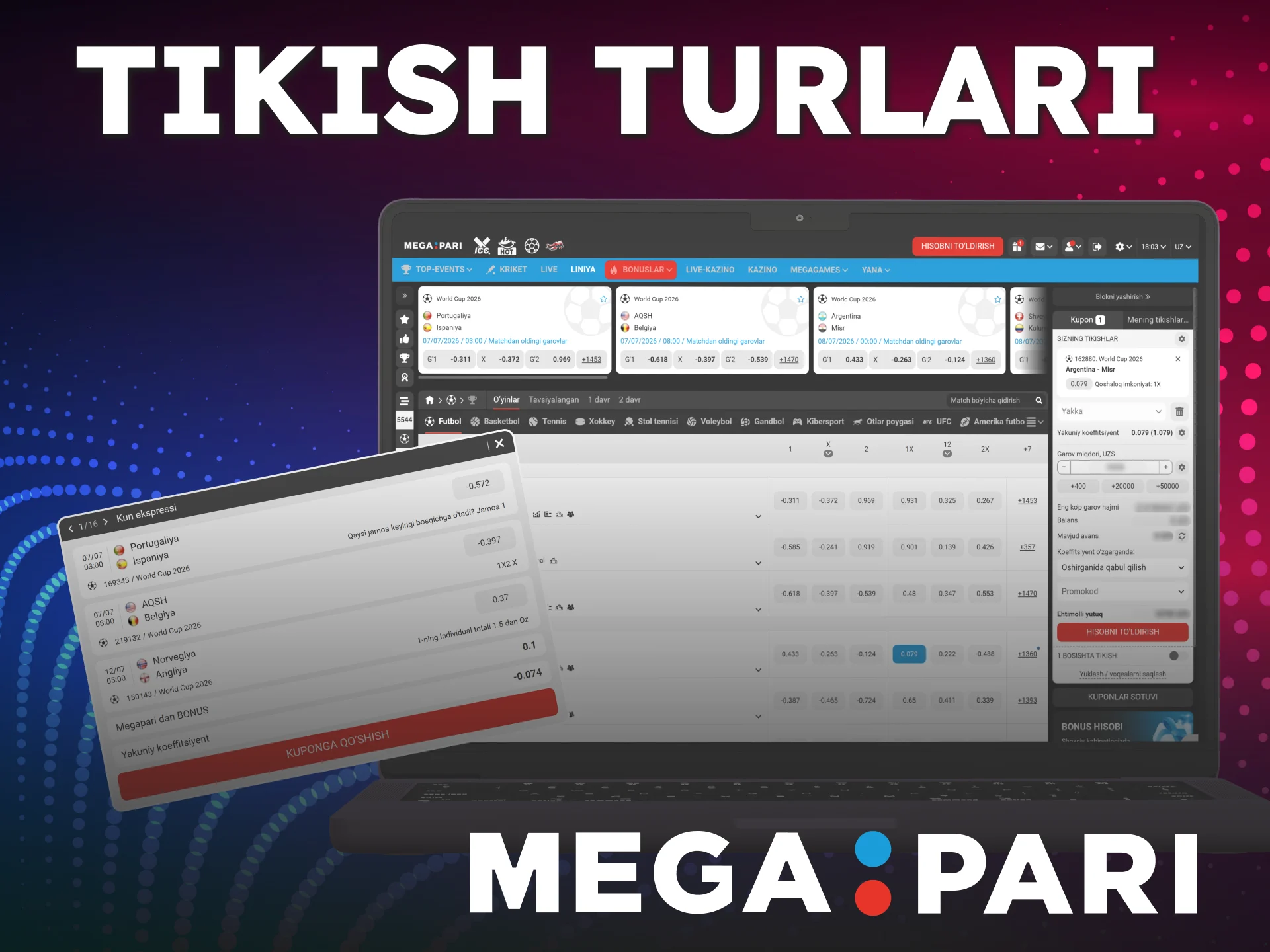 Turli xil strategiyalarni sinash uchun MegaPari tikish turlarini o'rganing.
