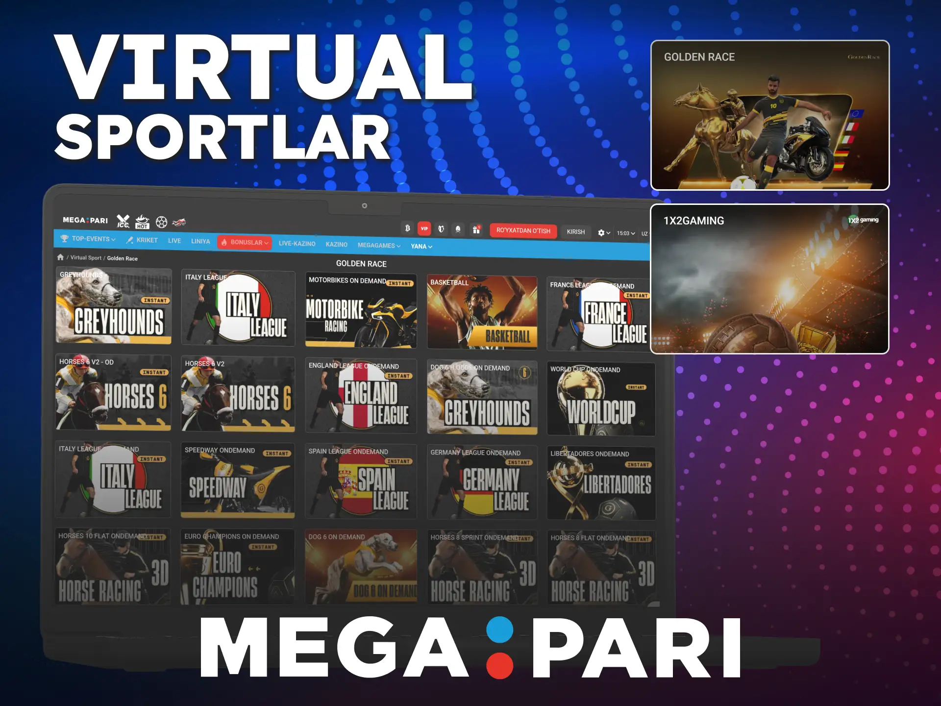 Simulyatsiya o'yinlarini kuzating va MegaPari virtual sportlar bo'limida yuting.