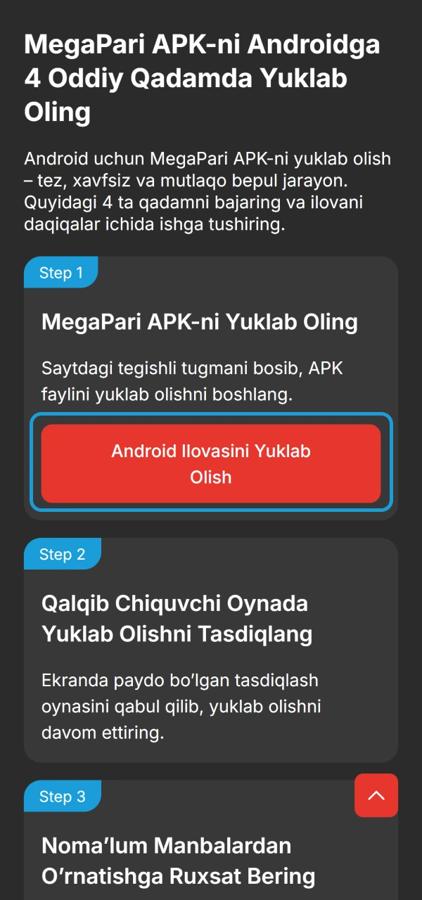 To'g'ri havolani bosib MegaPari APK Android qadamlarini faollashtiring.