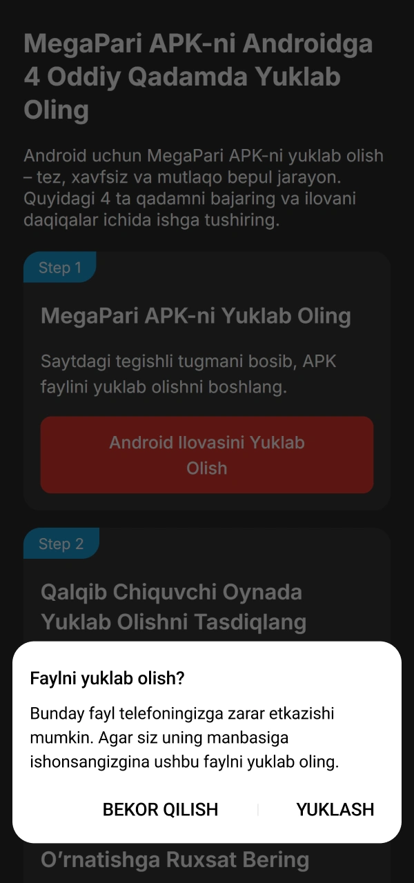 Ogohlantirish xabarini qabul qilib MegaPari APK Android qadamlarini davom ettiring.