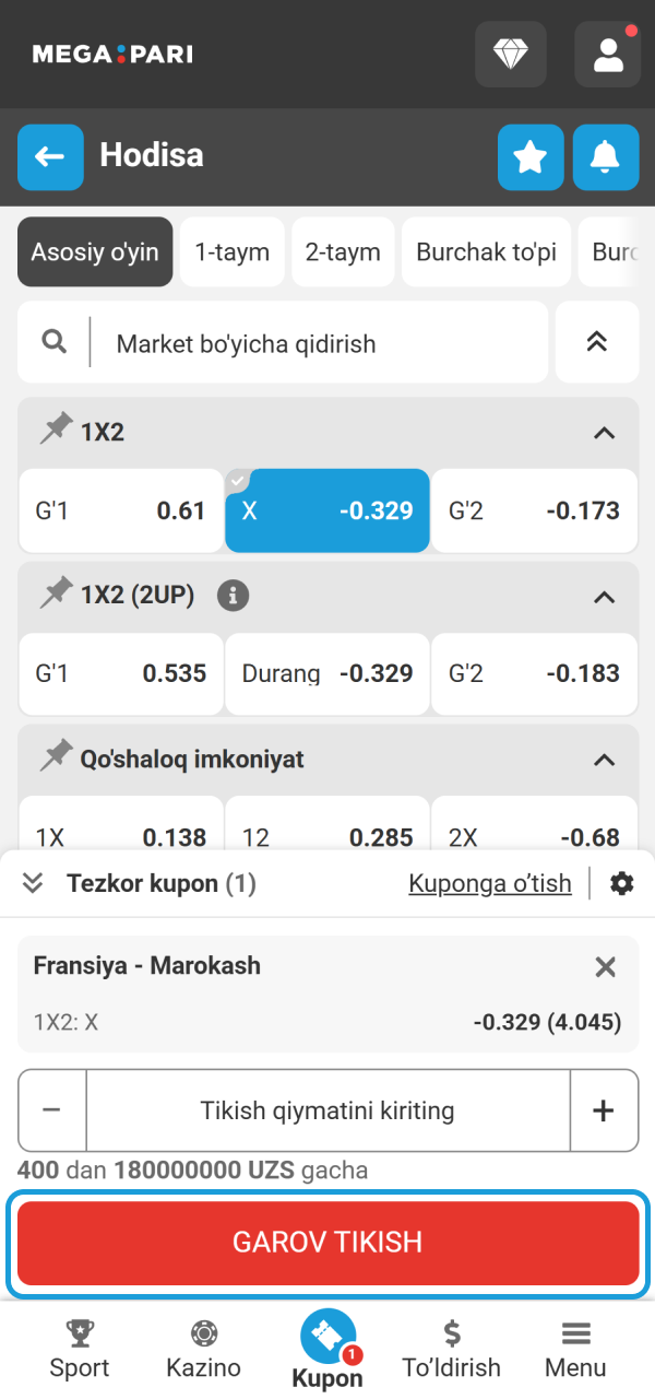 Tikish tugmasini bosib MegaPari Ilova tikish bosqichlari jarayonini yakunlang.