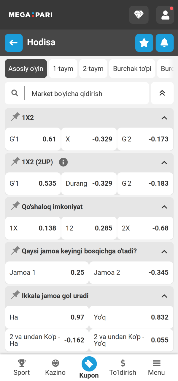Match koeffitsientini belgilab MegaPari Ilova tikish bosqichlarini davom ettiring.