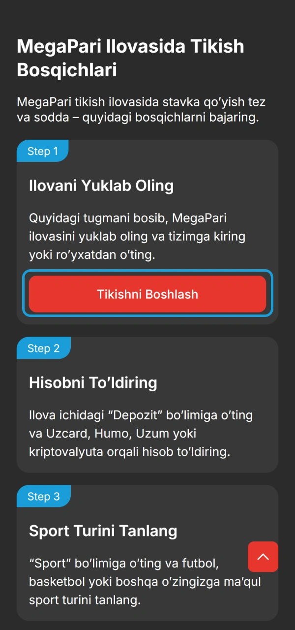 Dasturni o'rnatish orqali MegaPari Ilova tikish bosqichlari yo'riqnomasini boshlang.