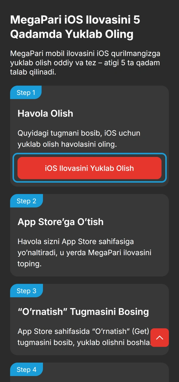 Rasmiy veb-saytga o'tish orqali MegaPari iOS qadamlarini boshlang.