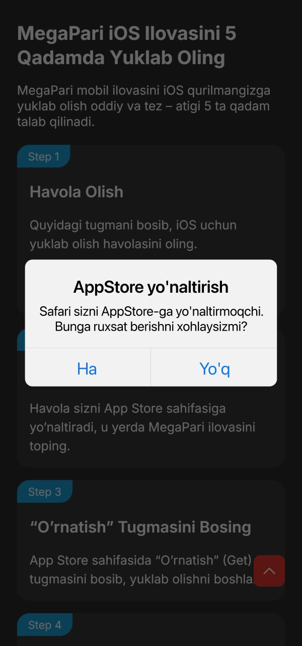 Mobil bozor platformasini ochib MegaPari iOS qadamlarini davom ettiring.