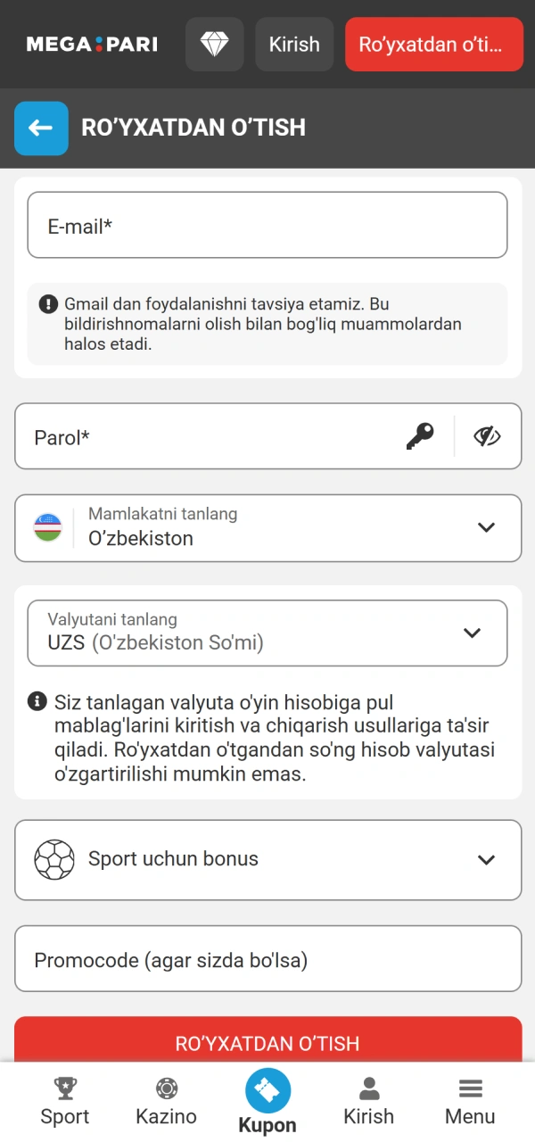 Ism va telefonni yozib MegaPari Ilova Ro'yxatdan o'tish jarayonini bajaring.