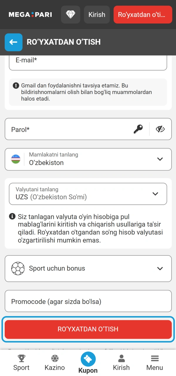 Shaxsiy kabinet ochilganini tekshirib MegaPari Ilova Ro'yxatdan o'tish bosqichini yakunlang.