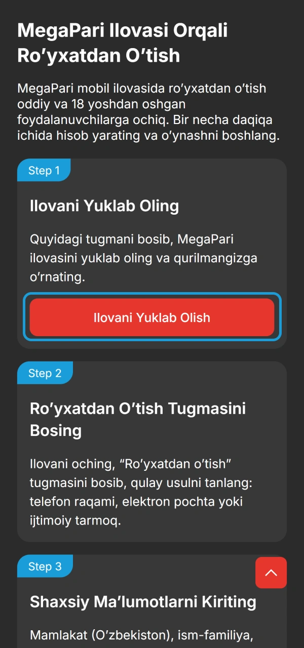 Mobil dasturni o'rnatib MegaPari Ilova Ro'yxatdan o'tish bosqichini boshlang.