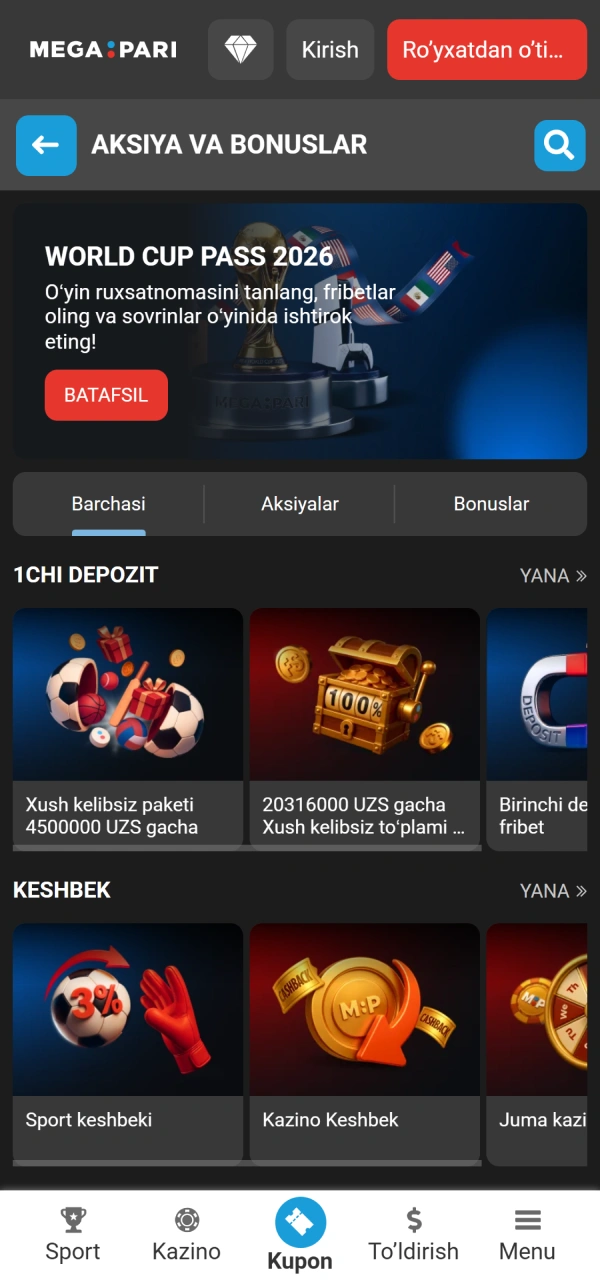 Yangi sovg'alarni faollashtirish uchun MegaPari Ilova interfeysini tekshiring.