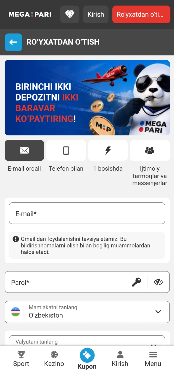 Telefon orqali hisob ochishda MegaPari Ilova interfeysi oynasini oching.