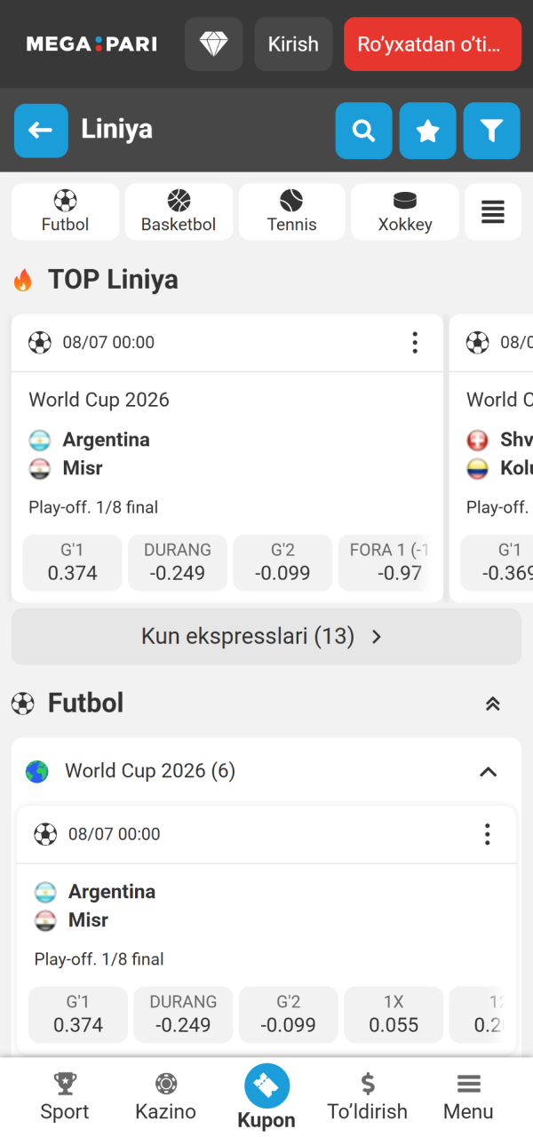 Koeffitsientlarni solishtirish uchun MegaPari Ilova interfeysi sport bo'limiga o'ting.
