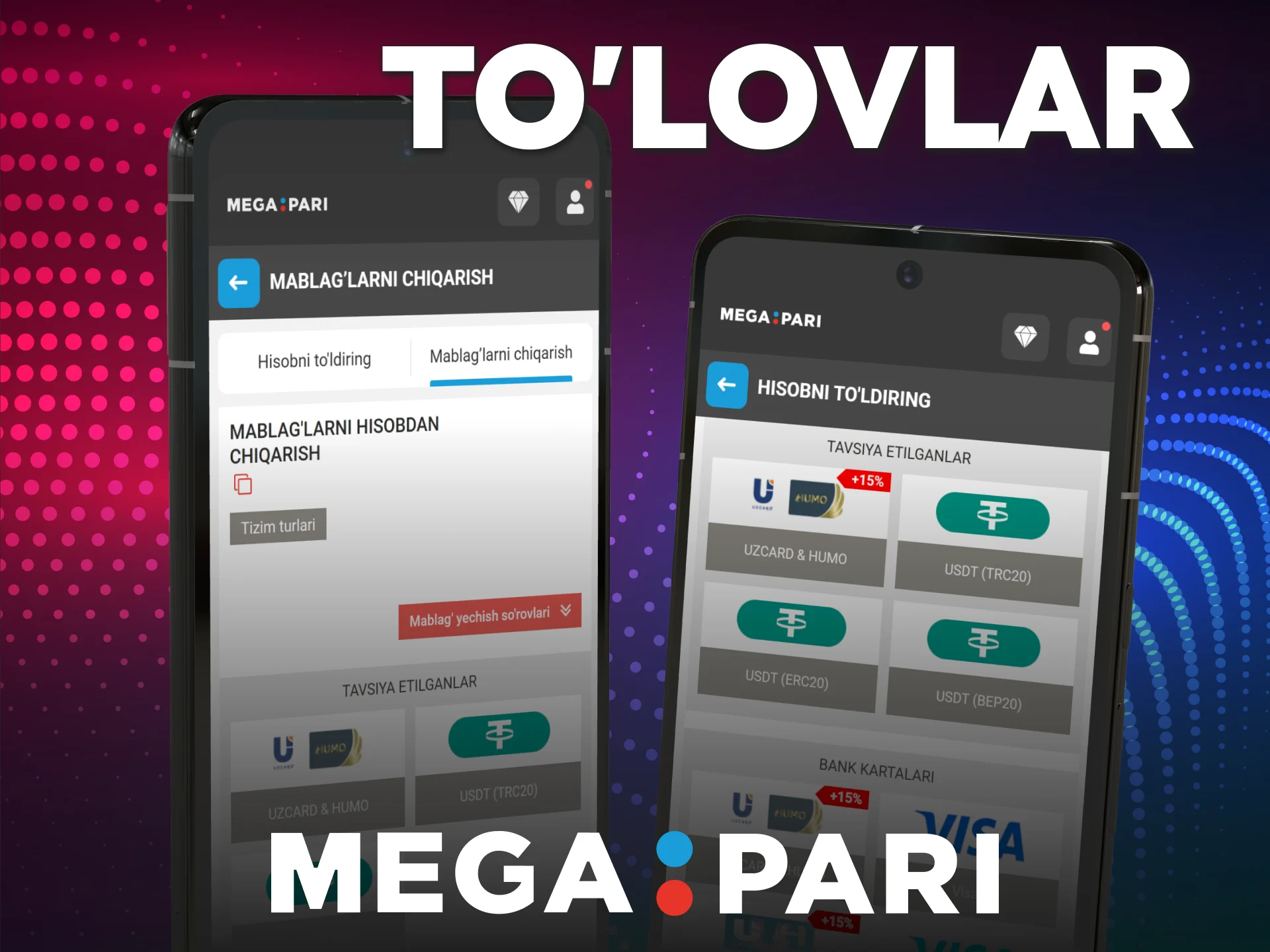 Uzcard va Humo orqali hisobni MegaPari Ilova kassasida to'ldiring.