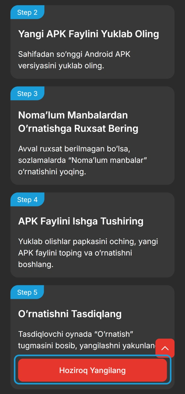 To'g'ri yangilanish kodini olishda MegaPari Ilova Android amallarini bajaring.