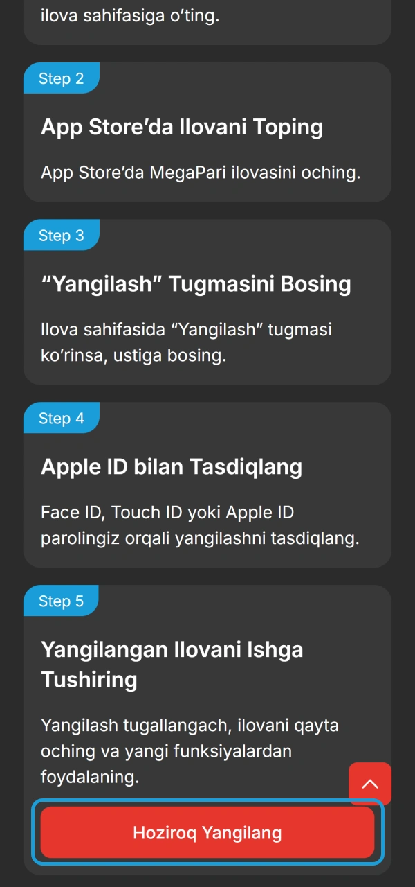 Yangi versiyani yuklashda MegaPari Ilova iOS qoidalariga rioya qiling.