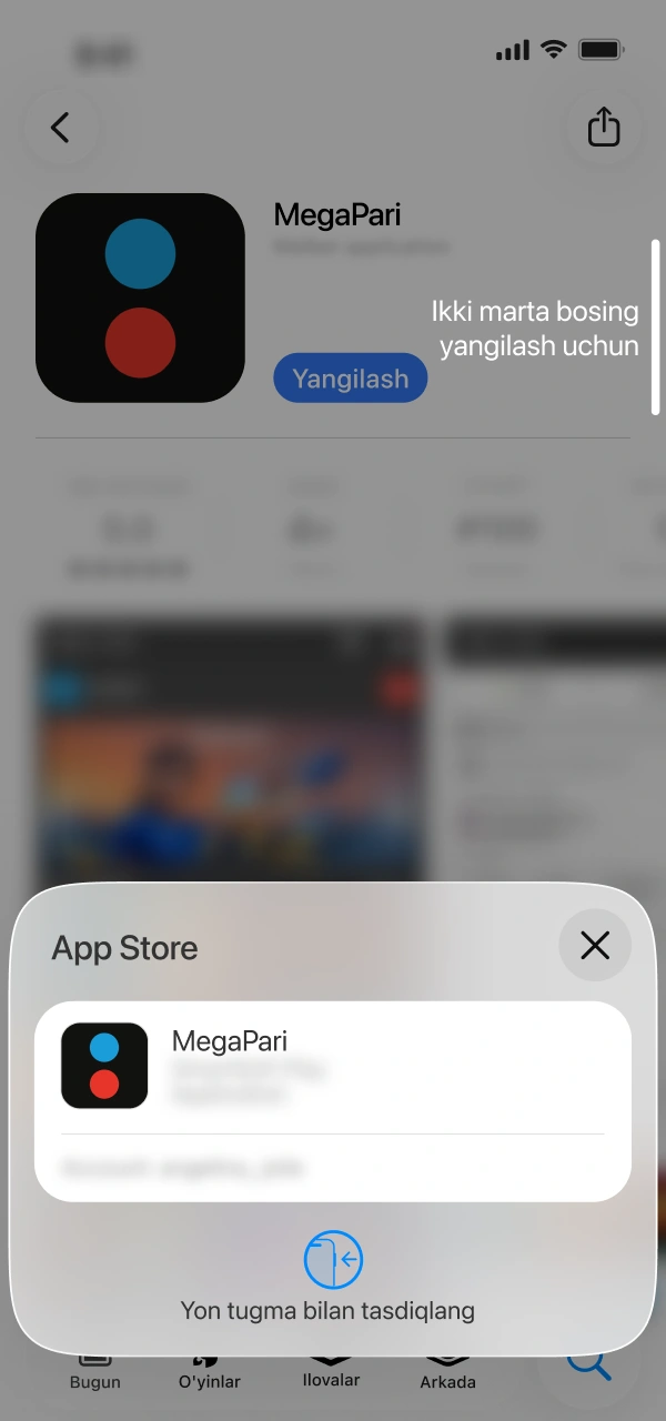 Profil kodingizni yozib MegaPari Ilova iOS qoidalarini tasdiqlang.