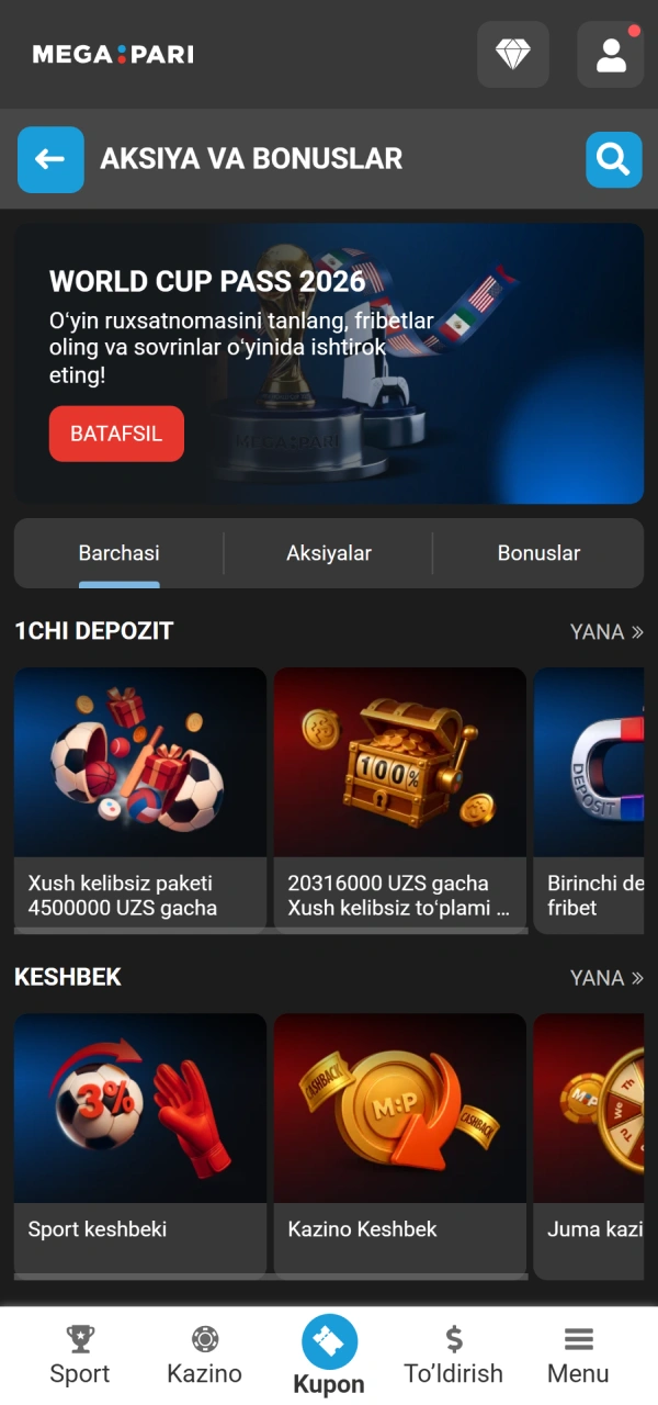 O'yinlarda g'alaba qozonish uchun MegaPari Ro'yxatdan o'tish xush kelibsiz bonusini ishlating.