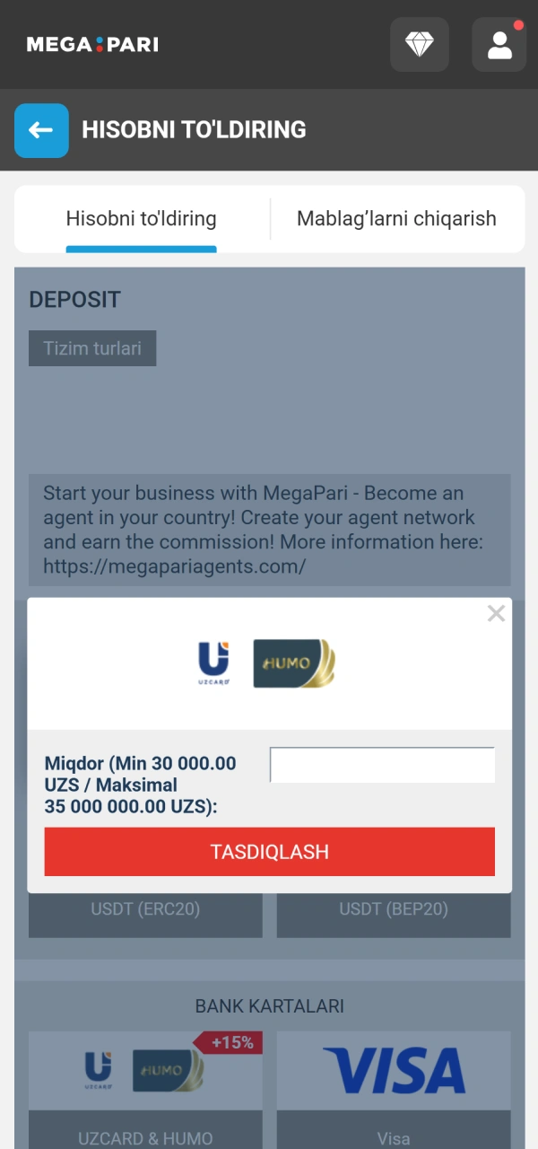 Hisobni tezda to'ldiring va MegaPari Ro'yxatdan o'tish xush kelibsiz bonusini yuklang.