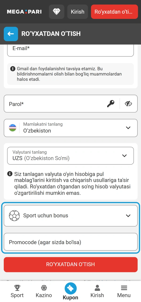 Maqsadli bo'limni belgilab MegaPari Ro'yxatdan o'tish xush kelibsiz bonusini faollashtiring.