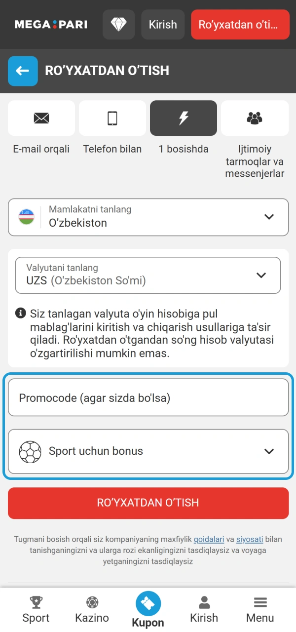 Eksklyuziv kodni kiritib MegaPari Ro'yxatdan o'tish mobil ilovasida yuting.