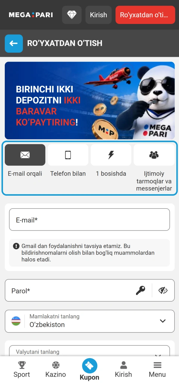 Ro'yxatdan o'tish usulini MegaPari Ro'yxatdan o'tish mobil ilovasi orqali tanlang.