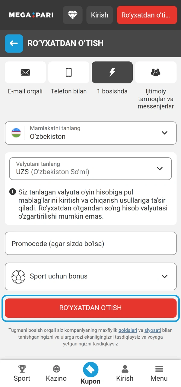 Shaxsingizni tasdiqlash uchun MegaPari Ro'yxatdan o'tish mobil ilovasidan foydalaning.