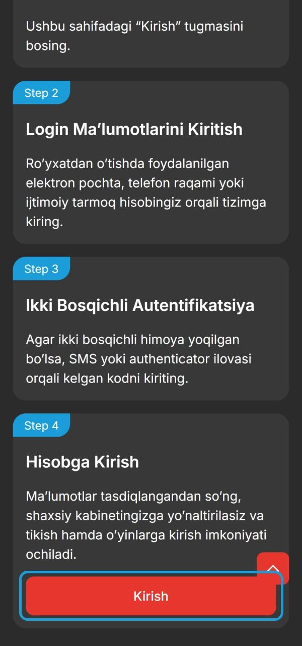 Avtorizatsiya tugmasini bosib MegaPari Ro'yxatdan o'tish hisobiga kiring.