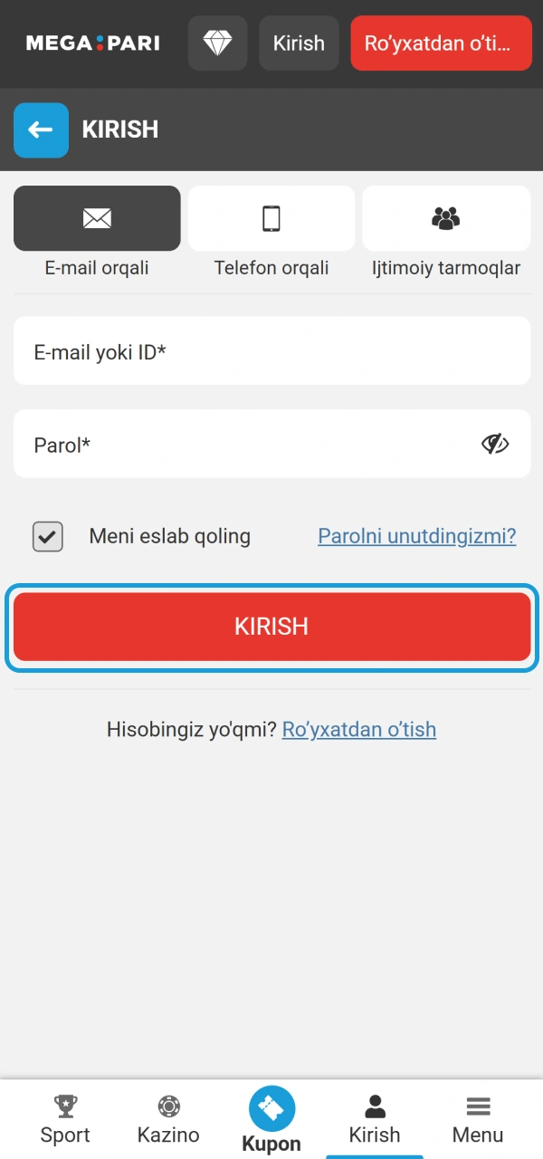 Himoya kodini kiritib xavfsiz MegaPari Ro'yxatdan o'tish hisobiga kiring.