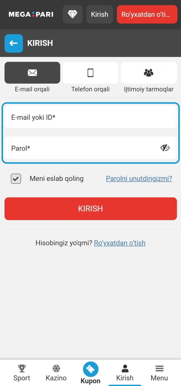 Foydalanuvchi nomini yozib MegaPari Ro'yxatdan o'tish hisobiga kiring.